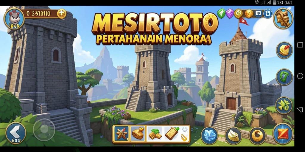 Tampilan gameplay MESIRTOTO dengan menara yang siap bertahan.