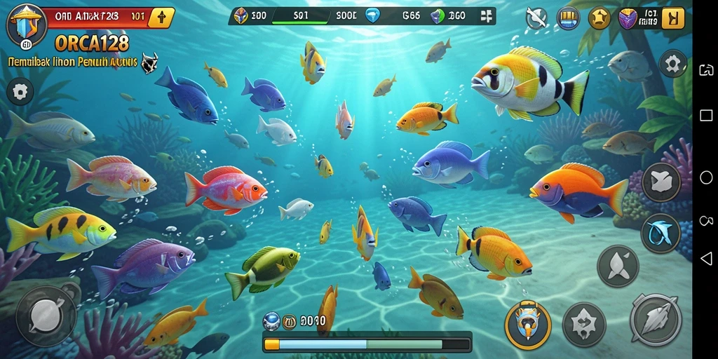 Tampilan gameplay seru di ORCA128 saat menembak ikan.