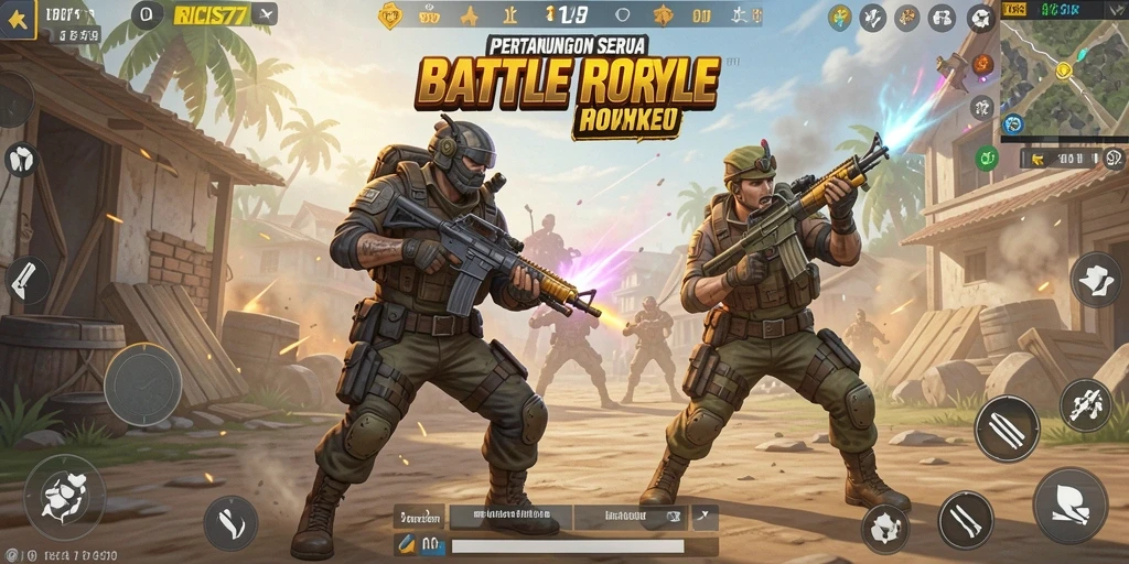 Screenshot gameplay RICIS77 menampilkan aksi seru di arena Battle Royale.