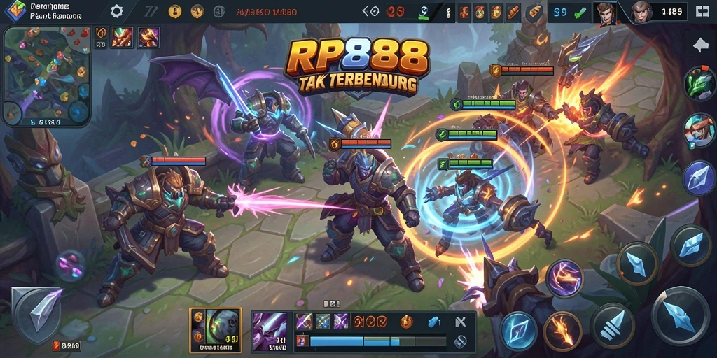 Tangkapan layar gameplay seru dalam pertempuran MOBA.