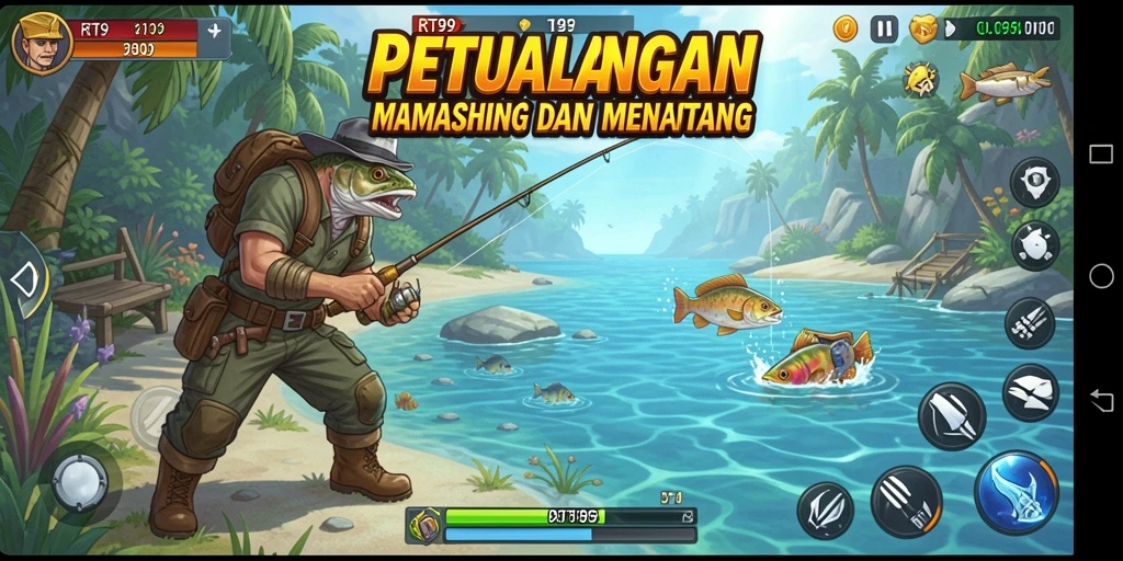 Screenshot menunjukkan aksi memancing seru dalam game RT99.